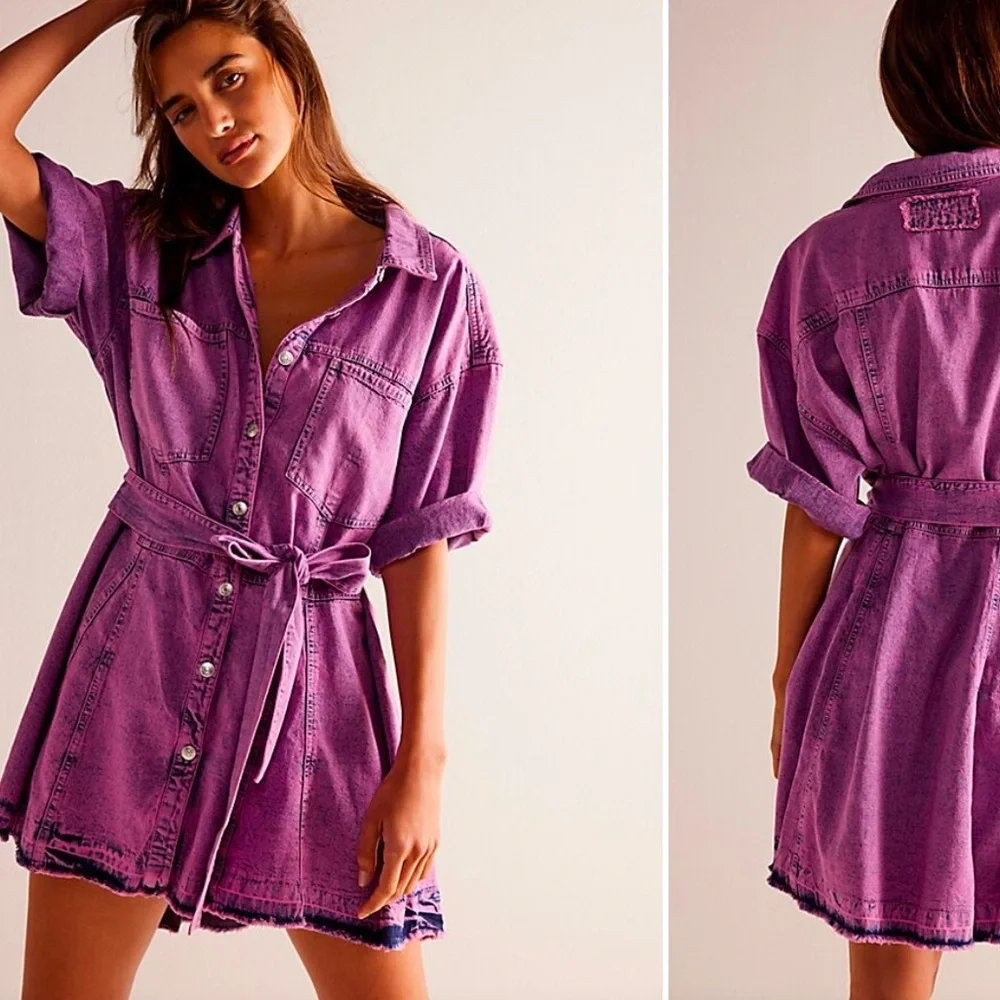 Free People We The Free Jenny Denim Tunic purple small tie waist S Jean - Picture 4 of 7